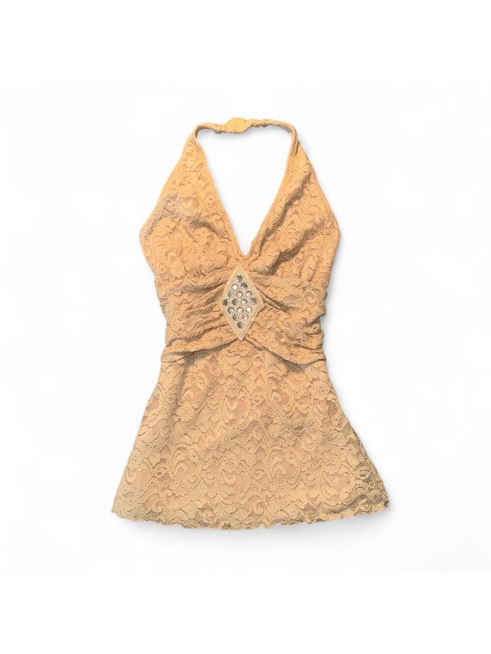 Vintage Y2K Bisou Bisou Lace Rhinestone Halter Top